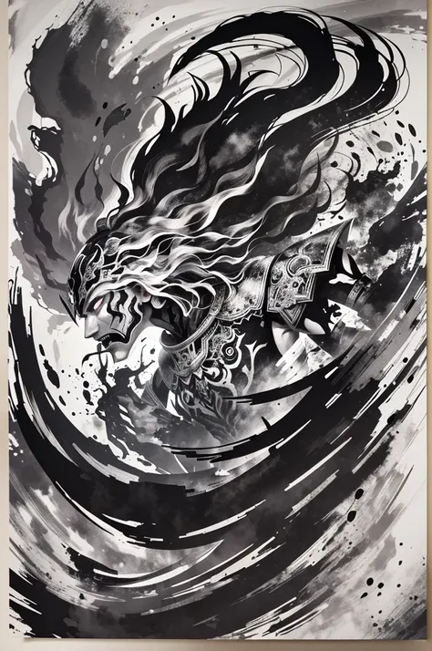 (ink style art:1.3), warrior portrait、abstract painting、The roar of a proud warrior heading into battle、Overflowing life energy、Works drawn in ink, black ink, (white background), vector style、Simple style, thick and bold brush strokes