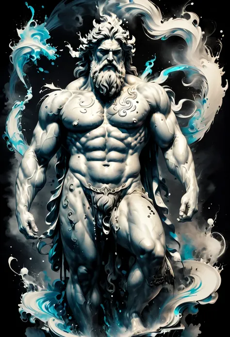 Ink Style Figure of Zeus, calligraphy style, Ink splash, (best quality, masterpiece, Representative work, official art, Professional, Ultra high detail, 8k)