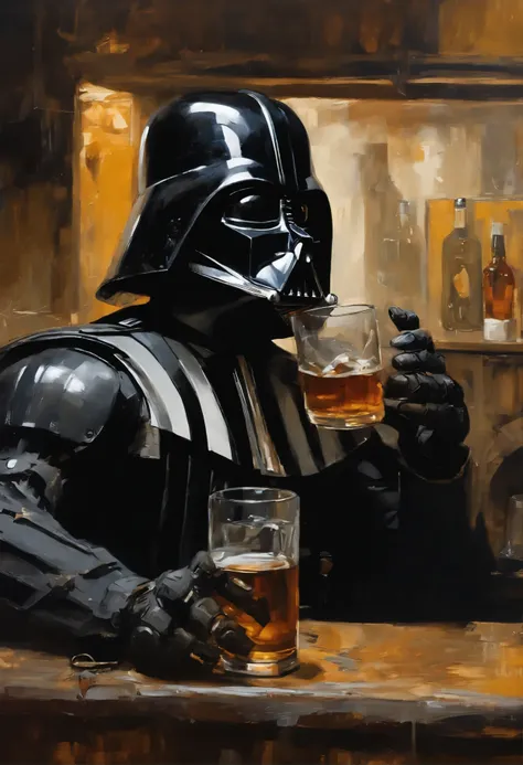 Photorealistic painting by Ashley Wood in the characteristic Van Gogh style depicting a ((Black rusty cyborg drinking whiskey inside a post-apocalyptic bar)), Darth Vader