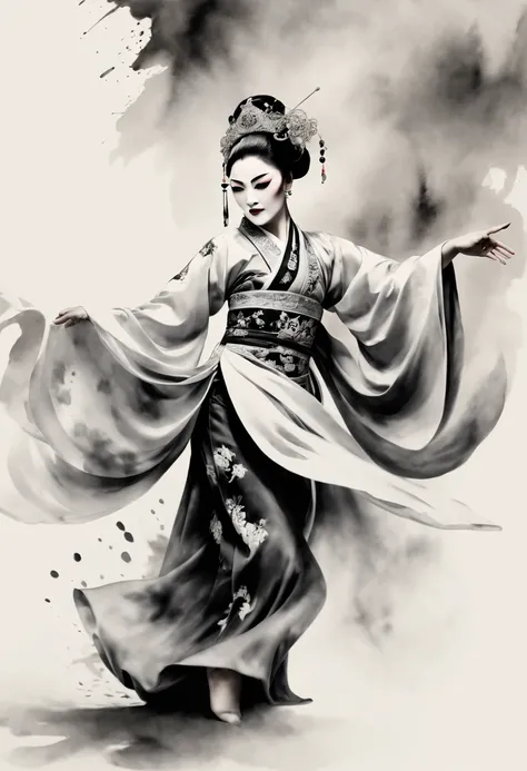 The expressions and postures of famous Peking opera actors are shown through the contrast of ink shades..Simple black and white background.super detailed.Famous actors dancing in Peking Opera.Black and white ink painting style,sexy painting, beautiful eleg...