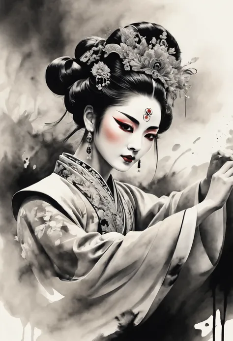 The expressions and postures of famous Peking opera actors are shown through the contrast of ink shades..Simple black and white background.super detailed.Famous actors dancing in Peking Opera.Black and white ink painting style,sexy painting, beautiful eleg...