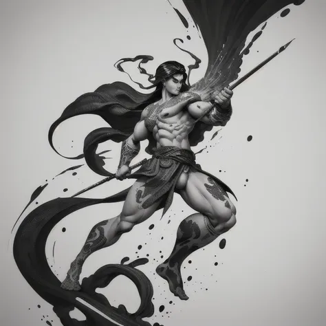 myth hero, Ink style painting, Ink Style Figure, minimalism, monochrome, Grayscale, clear lines, (best quality, masterpiece, Representative work, official art, Professional, Ultra high detail, 8k)