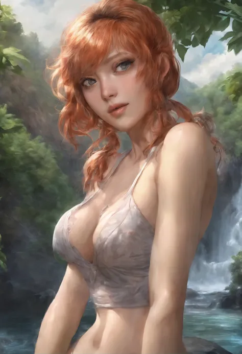 
a close up of a woman in a transparent bikini top and a waterfall, an anime drawing inspired by Eiichiro Oda, tumblr, shin hanga, nami from one piece, nami one piece, beautiful portrait of nami, nami, from one piece, anime girl named lucy, is wearing a sw...