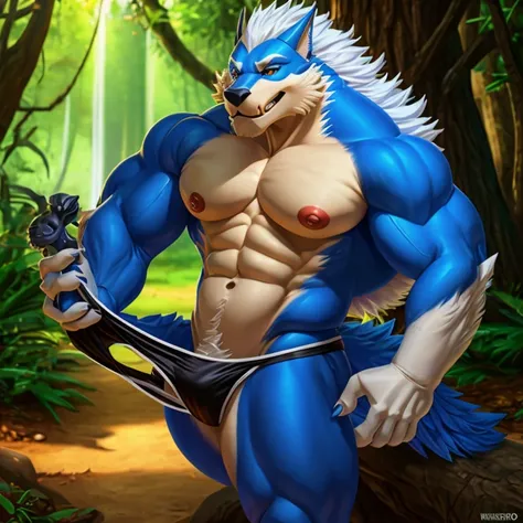 Macho, sozinho, garoto lobo, pelo azul e branco, usando uma tanga sensual, corpo bem definido, olhar gentil, anatomia correta, no meio da floresta
