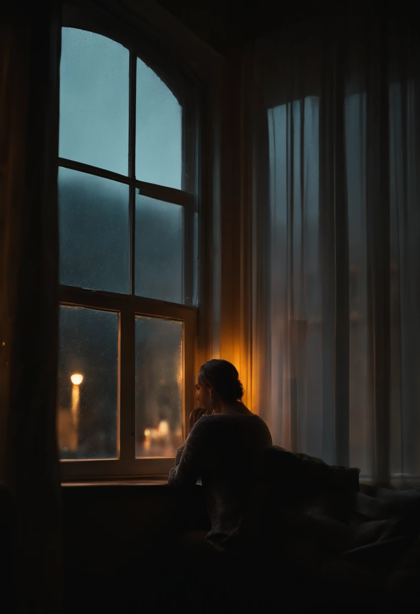 sad person looking out the window sitting alone, realistic, dusk, dim room, light rain