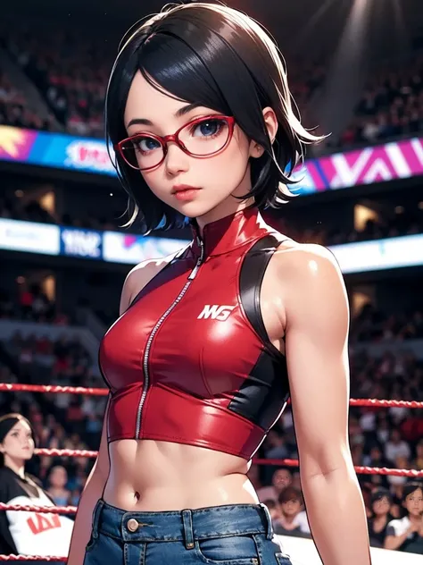 illustration in the style of comic artist jim lee. llustration of sarada uchiha with short hair, black eyes, wearing red glasses...