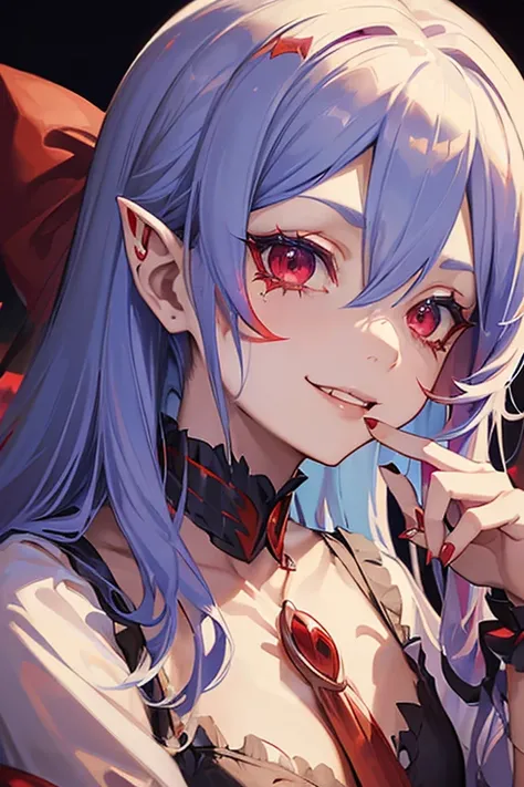 (((Remilia Scarlet))), (bat wings), (vampire), long hair, (((blue hair))), ((permanent)), ((((face close-up)))), ((jacket, tight shirt)), smile,, 