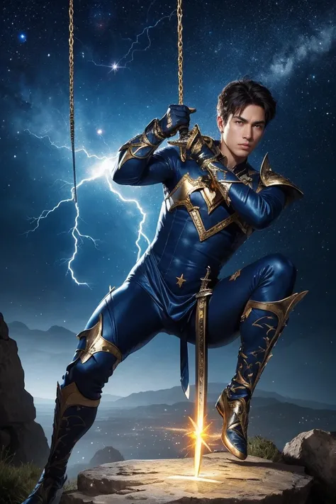 highest quality, masterpiece, realistic, High resolution, 8K RAW photo, 1boy、male,has a decorated sword、Swing your sword up、(Blue bodysuit with lightning motif、gold edge)、Gold Pendant、(((action pose)))、(On a rock on a planet where the solar system can be s...