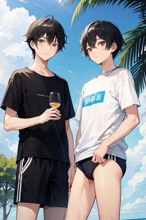 a couple of young men standing next to each other, an anime drawing, by Kobayashi Kiyochika, is wearing a swimsuit, boy has short black hair, in a sunny day, hyperdetailed!