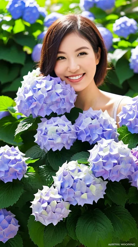 Hydrangea flowers blooming in a variety of colors, beautiful woman smiling by her side, bright sunlight, outdoors, best image.