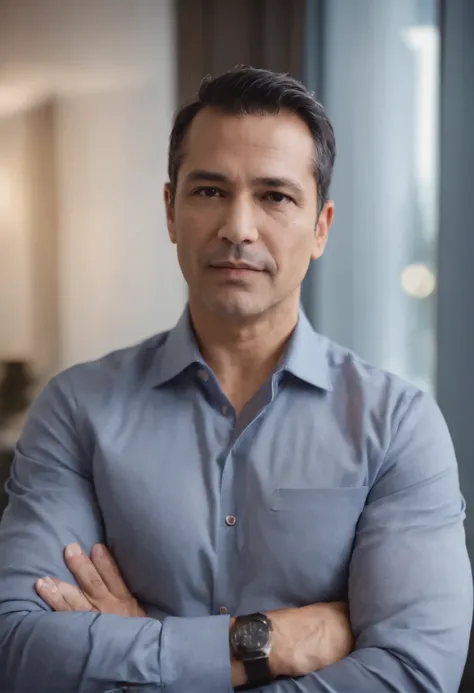 chest up portrait of 40 year old  mexican  BUSINESSMAN IN  business-casual attire, MODERN OFFICE BACKGROUND