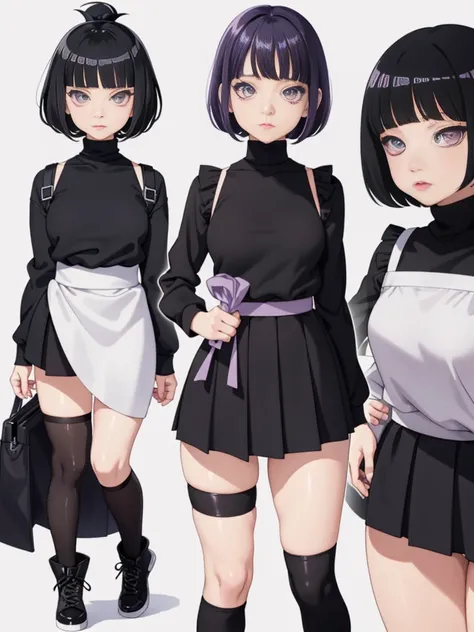 Hinata/Boruto、short hair、black hair、lilac eyes、One Woman, 独奏, (twitch emote:1), Chibi,  lilac eyes eyes, , anime style, white background, a sticker, Thick black outline,、clothing lilac turtleneck blouse, high waist black long skirt、black boots, Mini、Chibi ...