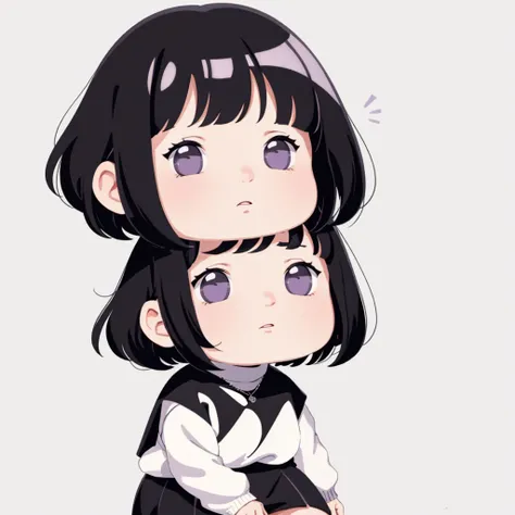 Hinata/Boruto、short hair、black hair、lilac eyes、One Woman, 独奏, (twitch emote:1), Chibi,  lilac eyes eyes, , anime style, white background, a sticker, Thick black outline,、clothing lilac turtleneck blouse, high waist black long skirt、black boots, Mini、Chibi ...