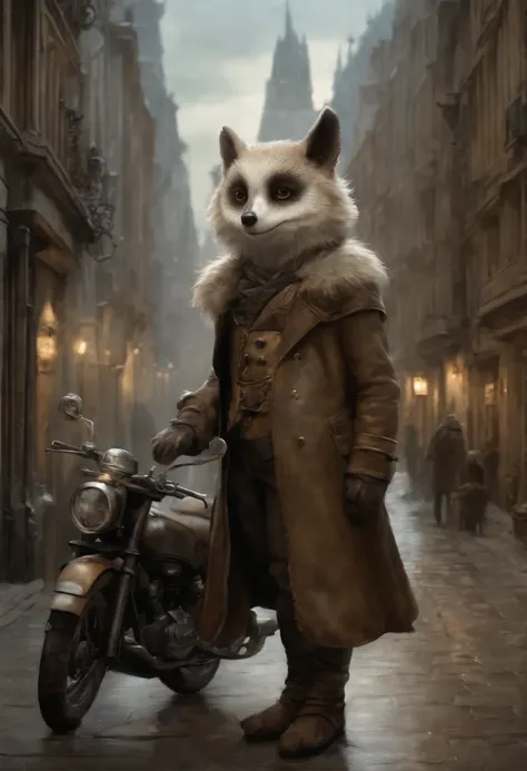 真实感, dark fantasy style, John Tolkien style, A small painting by Jean-Baptiste Monge, a fluffy owl girl with big breasts and big ears, looks like a arctic fox girl, in a short black leather jacket ....., Jeans, Stands next to a motorcycle, City, metropolis...