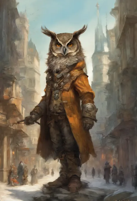 真实感, dark fantasy style, John Tolkien style, Small painting by Jean-Baptiste Monge, fluffy owl girl with big breasts and big ears, looks like an owl girl, In a short black leather jacket....., Jeans, Standing next to a motorcycle, The city, megalopolis, ci...