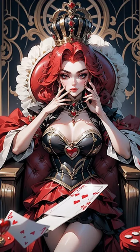 Em um luxuoso cassino, A stunning woman wears an exquisite dress adorned with heart symbols, embodying the royal presence of the Queen of Hearts. Surrounded by a backdrop of poker cards and chips, She exudes confidence and seduction, convidando os jogadore...