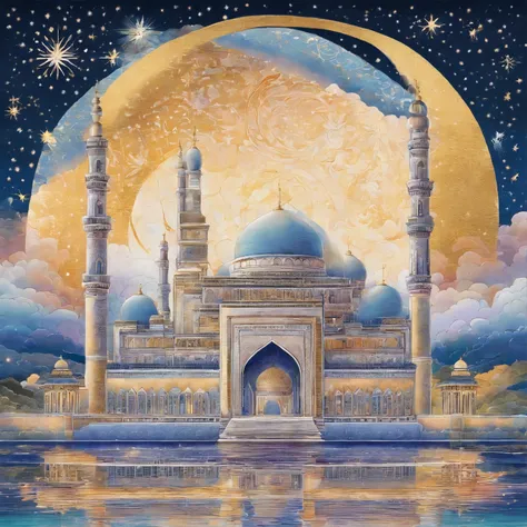 A masterpiece, the embroidery is an image of a mosque, very beautiful [crescent moon-stars shining in the sky, rays, clouds], calm and mysterious mood. Theres a faint Milky Way. golden swirl border Soft, luxurious pastel colors 80k realistic, highly detail...