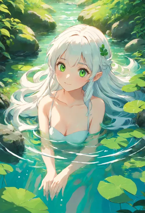 In a clear stream under a bright sun，An elf girl with white hair and green eyes，Lying in the stream, his white hair rippled with the stream, and the water plants around him were clearly visible.