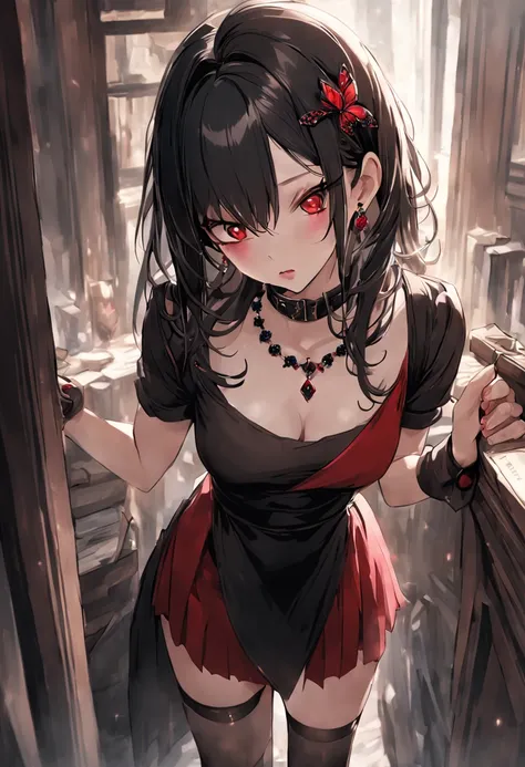 Poker face,,(dark fantasy),((Wonderful illustrations)),(Details fly), long black hair, red pupils, girl, Solid black dress, collar only, The cuffs and skirt are dark red, There is a red butterfly hairpin pinned next to her ear., masterpiece, best quality, ...