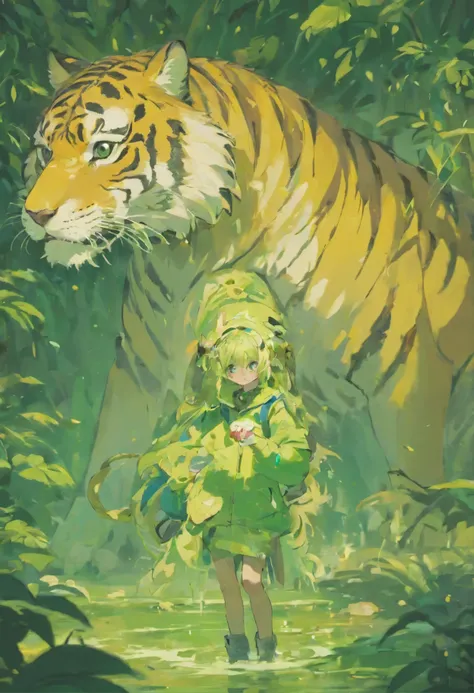 2.Japan Boys, alone, wearing green clothes, next to white tiger, Splash Art：Qiu Ying, zhang daqian,
yellow and white colors, bright.