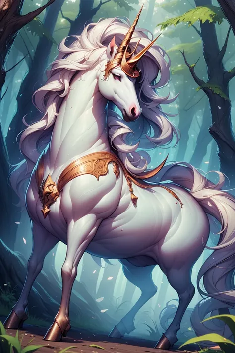 masterpiece, 1 unicorn, best quality, high quality, highres, forest, rainbow