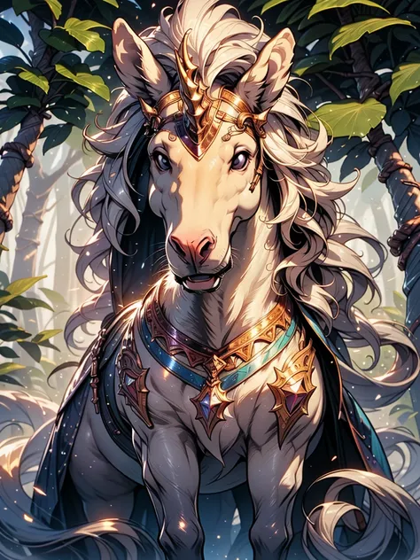 masterpiece, 1 unicorn, best quality, high quality, highres, forest, rainbow, niji pride