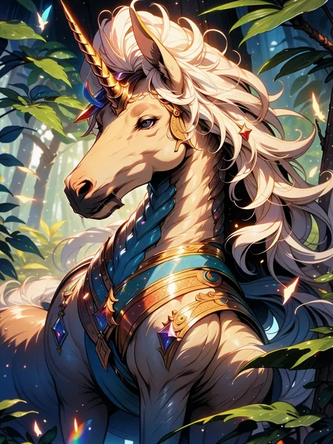 masterpiece, 1 unicorn, best quality, high quality, highres, forest, rainbow, niji pride