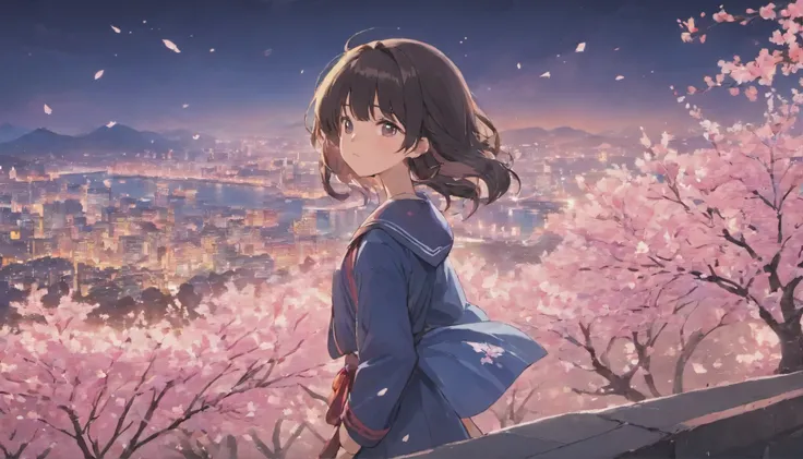 japanese animation。high resolution。cherry blossom season night、A 17-year-old black-haired girl stands on a hill overlooking the night view of the city.。wearing a sailor suit。Long hair flutters in the wind。Looks happy。