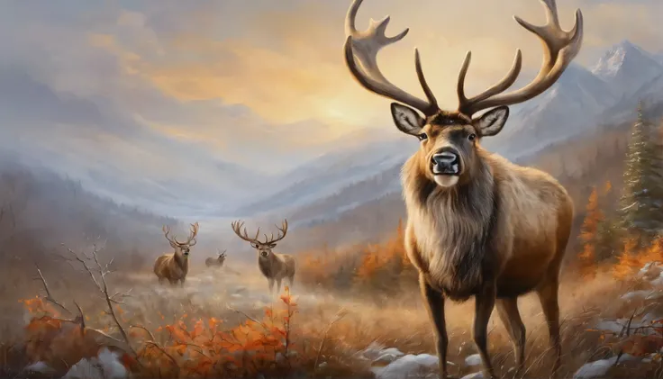 reindeer, oil painting, beautiful natural landscape, detailed fur, brown eyes and antlers, (best quality, 4k, 8k, highres, masterpiece:1.2), ultra-detailed, (realistic, photorealistic, photo-realistic:1.37), portraits, flowers on antlers, vibrant colors, p...