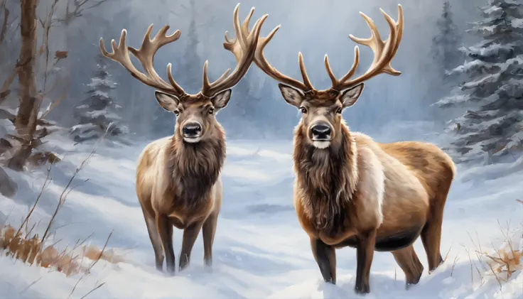 reindeer, oil painting, beautiful natural landscape, detailed fur, brown eyes and antlers, (best quality, 4k, 8k, highres, masterpiece:1.2), ultra-detailed, (realistic, photorealistic, photo-realistic:1.37), portraits, flowers on antlers, vibrant colors, p...