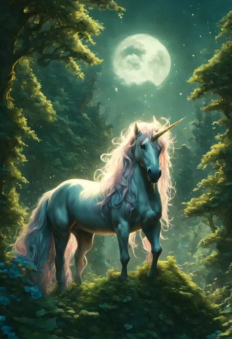 Majestic (Fantasy Unicorn:1.5) peeking out from a lush forest, by James Jean, Jean Baptiste Monge, Jeremy Mann, midnight, full moon, fairycore, photorealistic, intricately detailed, professional photography, a masterpiece, 8k resolution, fantasy concept ar...