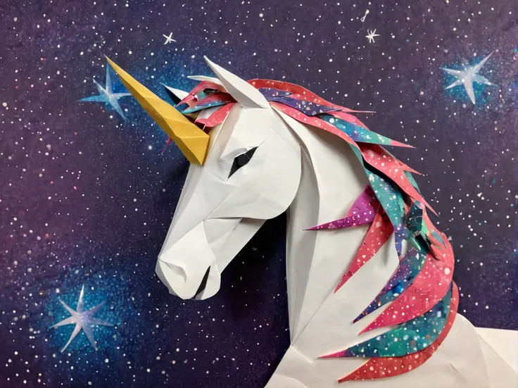 ponytailed unicorn portraits, big smile to the camera, starry sky, zentangled, origami, 3d crunch,