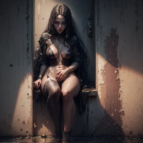 arafed woman with long hair and a wet body sitting in a doorway, cyberpunk art by WLOP, cgsociety contest winner, gothic art, photorealistic dark concept art, artwork in the style of guweiz, dark fantasy style art, cgsociety contest winner!!!, cgsociety co...