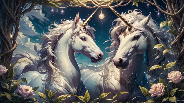 (ultra-detailed,highres,masterpiece:1.2),illustration,unicorn,rainbow,flowers,vivid colors,beautiful,happiness,star-filled sky,d...