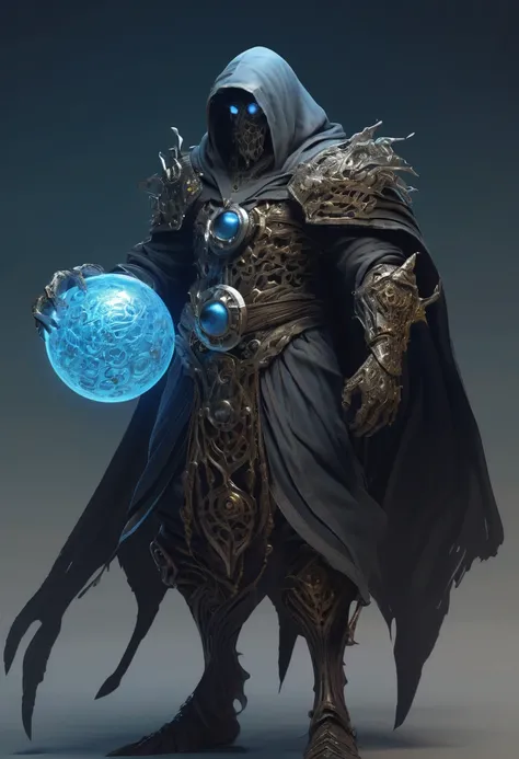 a filigree giant [metal|man|machine|shadow] creature with a blue orb core in chest, cloak, metal mask, dnd style, horror (theme),