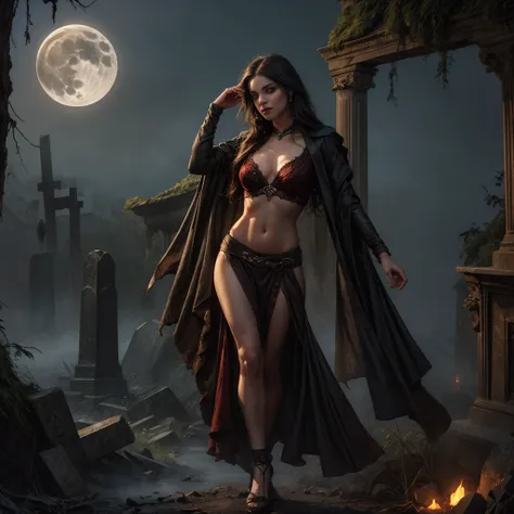 In the eerie and gothic ambiance of a moonlit cemetery, envision a solitary woman, her presence shrouded in both sorrow and allure, leaning gracefully against a crumbling mausoleum. Picture this desolate scene as the full moon casts an ethereal glow upon t...