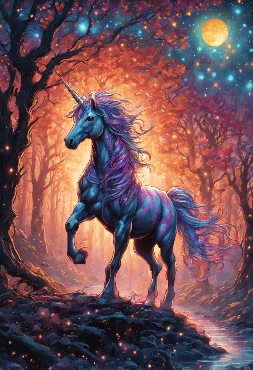 high gothic highly detailed multicolored (fantasy unicorn:1.5) under a bright starry night mark brooks and dan mumford, comic bo...