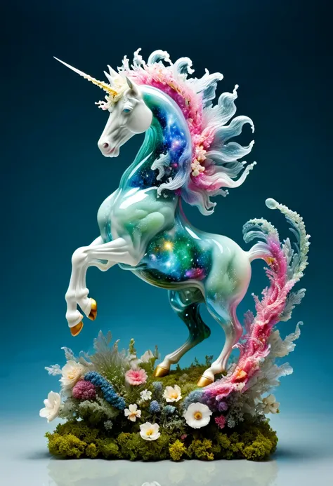 Complex transparent glass interstellar nebula [unicorn] Statue made of galaxies, flora and fauna, Surreal, Super detailed, elegant, beautiful, 1 tail