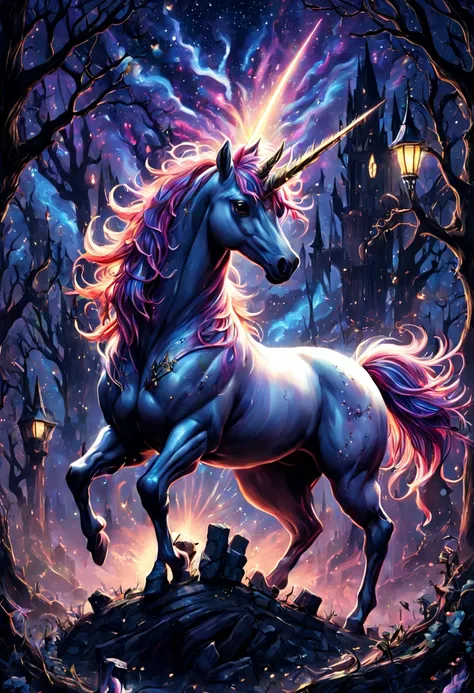 high gothic highly detailed multicolored (fantasy unicorn:1.5) under a bright starry night mark brooks and dan mumford, comic bo...