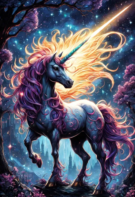 high gothic highly detailed multicolored (fantasy unicorn:1.5) under a bright starry night mark brooks and dan mumford, comic bo...