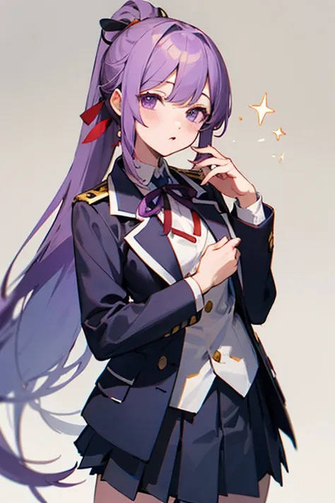 ((highest quality)), ((masterpiece)), (be familiar with), Perfect Face Project Sekai Mafuyu Asahina plain purple hair long hair ponytail skirt gray uniform ribbon purple eyes