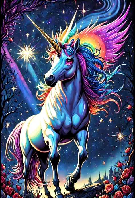 high gothic highly detailed multicolored (fantasy unicorn:1.5) under a bright starry night mark brooks and dan mumford, comic bo...