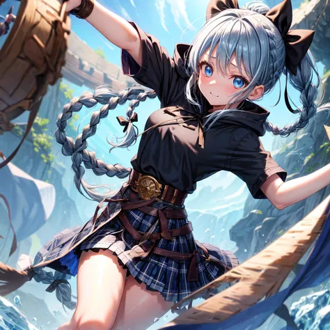 patina hair、blue eyes、Braid、ponytail、one good looking girl、solo、anime、Plaid miniskirt、camisole、black t-shirt、Tilting your face、Doing the ribbon、Ribbon at waist、Raising legs、cloak、the ground is cracked、Shortness of breath、Crystal Grotto、wearing a hood