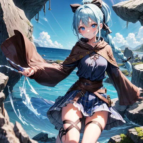 patina hair、blue eyes、Braid、ponytail、one good looking girl、solo、anime、Plaid miniskirt、camisole、black t-shirt、Tilting your face、Doing the ribbon、Ribbon at waist、Raising legs、cloak、the ground is cracked、Shortness of breath、Crystal Grotto、wearing a hood