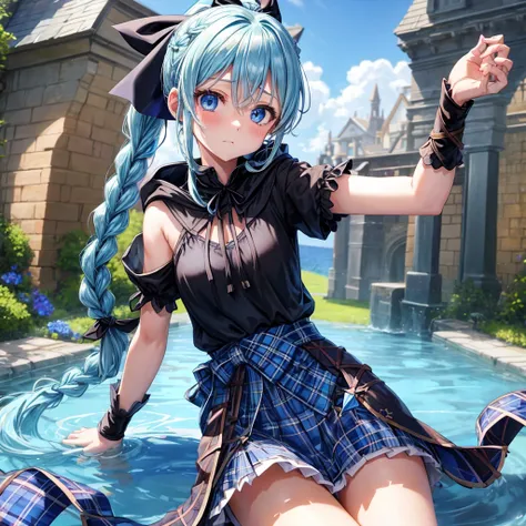 patina hair、blue eyes、Braid、ponytail、one good looking girl、solo、anime、Plaid miniskirt、camisole、black t-shirt、Tilting your face、Doing the ribbon、Ribbon at waist、Raising legs、cloak、the ground is cracked、Shortness of breath、Crystal Grotto、wearing a hood