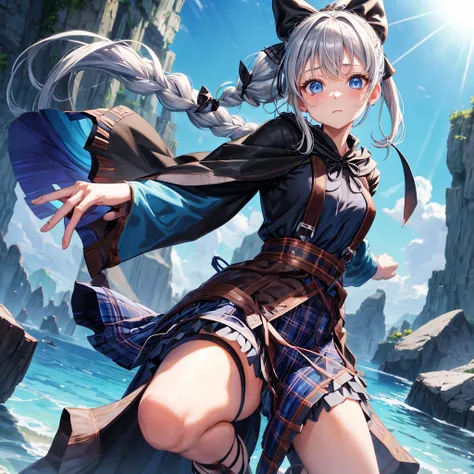 patina hair、blue eyes、Braid、ponytail、one good looking girl、solo、anime、Plaid miniskirt、camisole、black t-shirt、Tilting your face、Doing the ribbon、Ribbon at waist、Raising legs、cloak、the ground is cracked、Shortness of breath、Crystal Grotto、wearing a hood