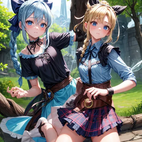 patina hair、blue eyes、Braid、ponytail、one good looking girl、solo、anime、Plaid miniskirt、camisole、black t-shirt、Tilting your face、Doing the ribbon、Ribbon at waist、Raising legs、cloak、the ground is cracked、Shortness of breath、Crystal Grotto、wearing a hood