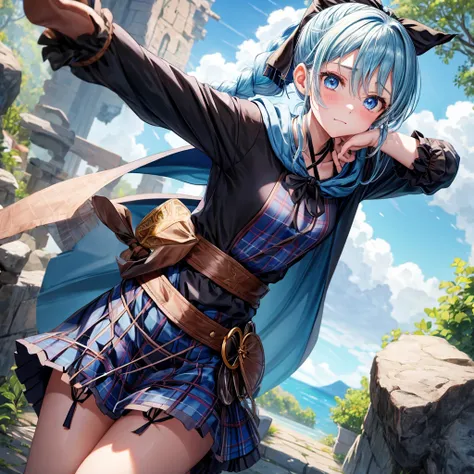 patina hair、blue eyes、Braid、ponytail、one good looking girl、solo、anime、Plaid miniskirt、camisole、black t-shirt、Tilting your face、Doing the ribbon、Ribbon at waist、Raising legs、cloak、the ground is cracked、Shortness of breath、Crystal Grotto、wearing a hood