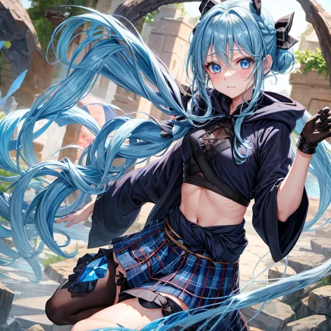 patina hair、blue eyes、Braid、ponytail、one good looking girl、solo、anime、Plaid miniskirt、camisole、black t-shirt、Tilting your face、Doing the ribbon、Ribbon at waist、Raising legs、cloak、the ground is cracked、Shortness of breath、Crystal Grotto、wearing a hood