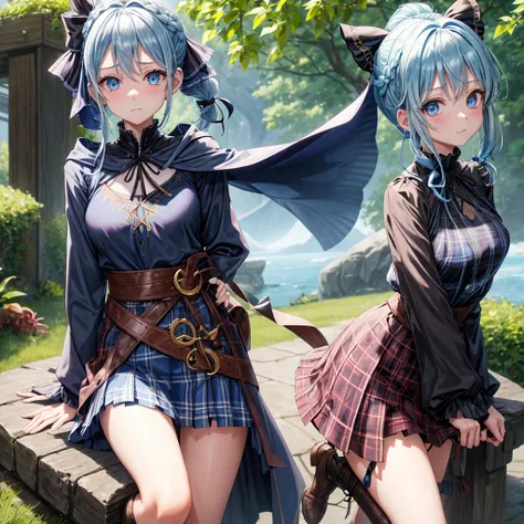 patina hair、blue eyes、Braid、ponytail、one good looking girl、solo、anime、Plaid miniskirt、camisole、black t-shirt、Tilting your face、Doing the ribbon、Ribbon at waist、Raising legs、cloak、the ground is cracked、Shortness of breath、Crystal Grotto、wearing a hood